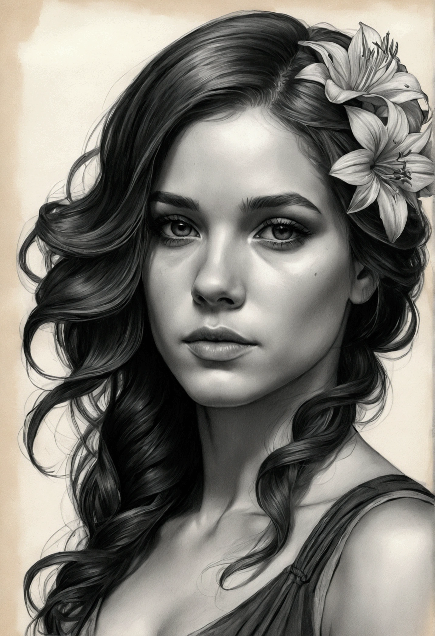 Portrait of Charlie Bowater Black and white pencil drawing, realisitic, Coal chips, outline, charcoal portrait of a woman, a flower, Multicolored straps, old paper texture, highy detailed