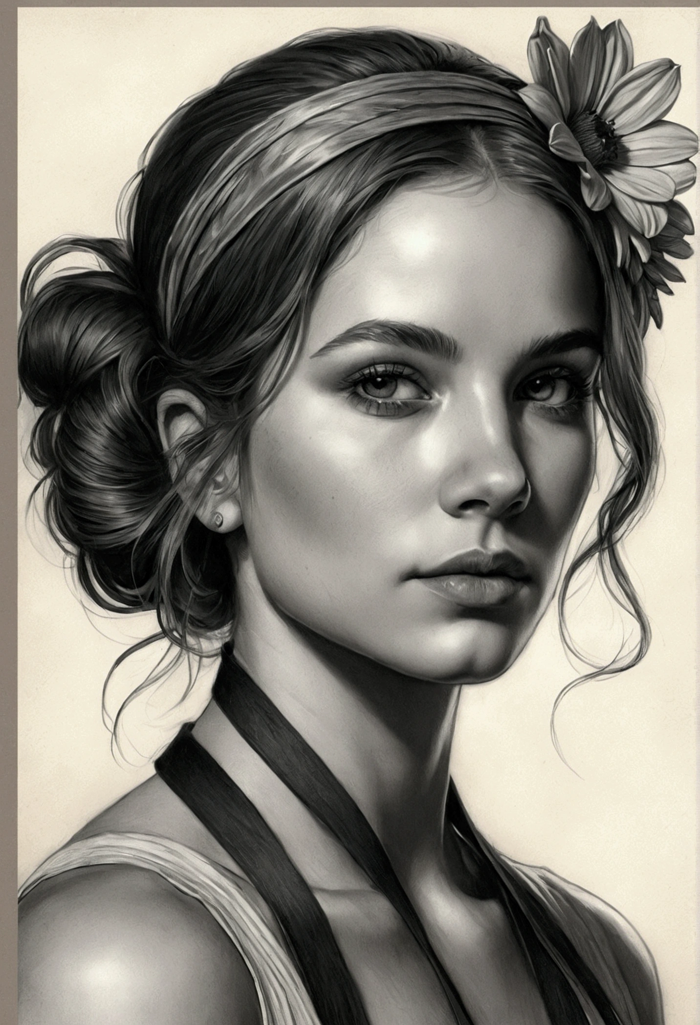 Portrait of Charlie Bowater Black and white pencil drawing, realisitic, Coal chips, outline, charcoal portrait of a woman, a flower, Multicolored straps, old paper texture, highy detailed