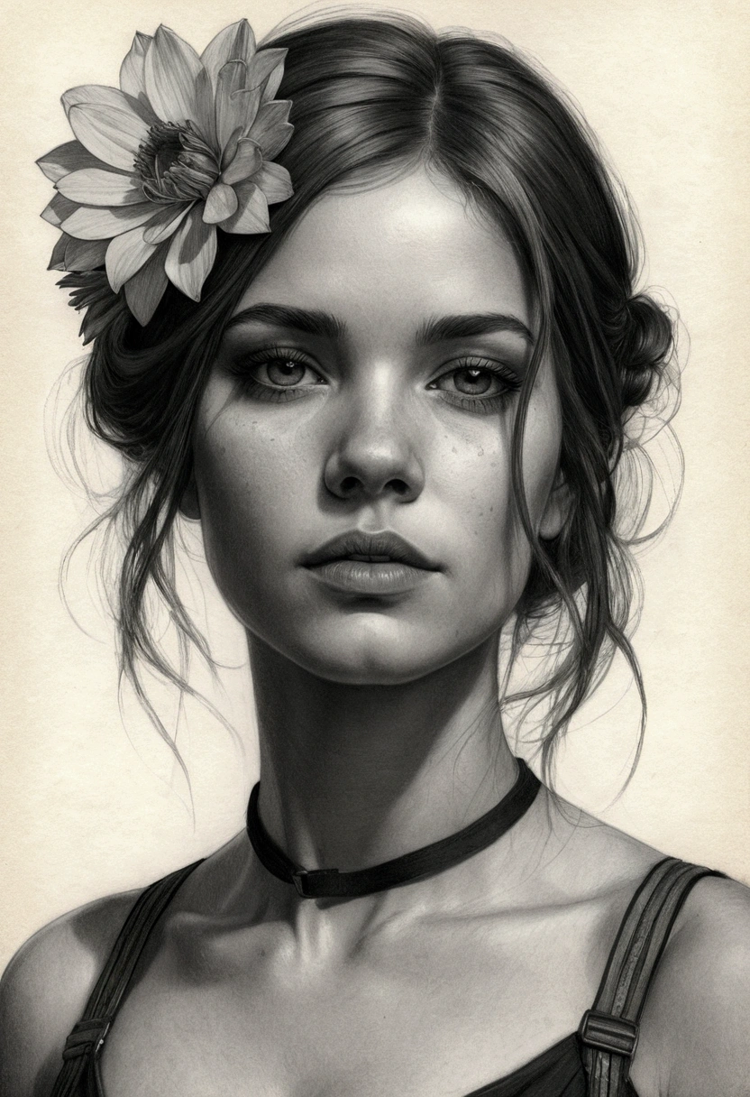 Portrait of Charlie Bowater Black and white pencil drawing, realisitic, Coal chips, outline, charcoal portrait of a woman, a flower, Multicolored straps, old paper texture, highy detailed