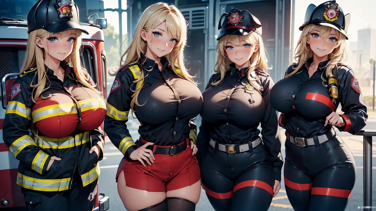 a firefighter girl, sexy body, ((big breasts)), big hips, thick thighs, beautiful face, beautiful eyes, smiling, blushing, standing, (various hair colors, various eye colors, various hairstyles), ((firefighter uniform, firefighter woman, firefighter, firefighter gear)), perfect hands, perfect fingers, high quality picture, high resolution, very detailed, 8k resolution