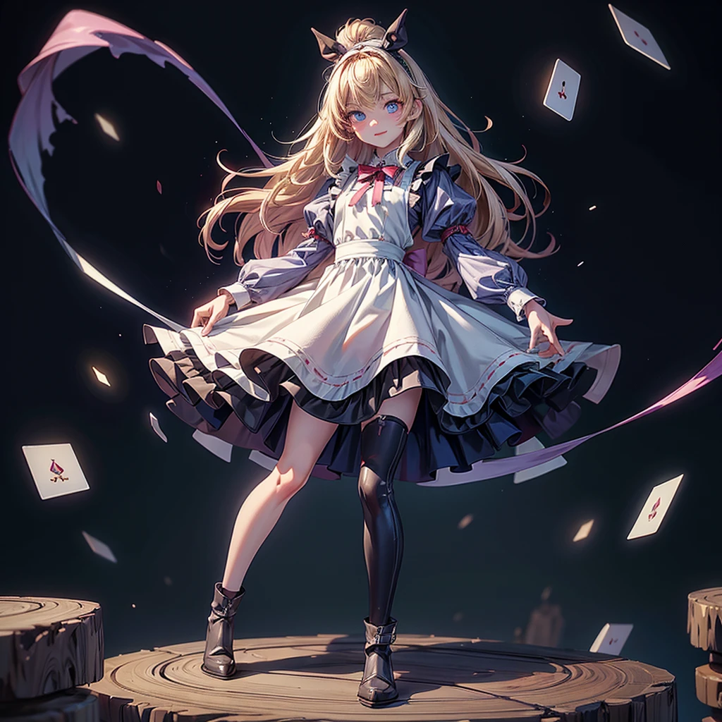 (Tabletop, Highest quality、Very detailed、Very detailedな目), (perfect athletic body:1.2), (Thin Hair), Very detailed, Anime Style, whole body, alone, Fantasy Blonde Hair, Blue Eyed Girl, Apron dress like Alice in Wonderland, Playing cards with your hands, Red Hairband, Black-purple miasma swirls, The whispers of the dark devil are floating around everywhere, Nightmarish sights, Standing in the Wilderness, High heel boots, Digital Painting, 8K high resolution, Trend Art Station,  whole body, Bad Smile,background＿Distorted clock:1.5、Kawaii Tech、