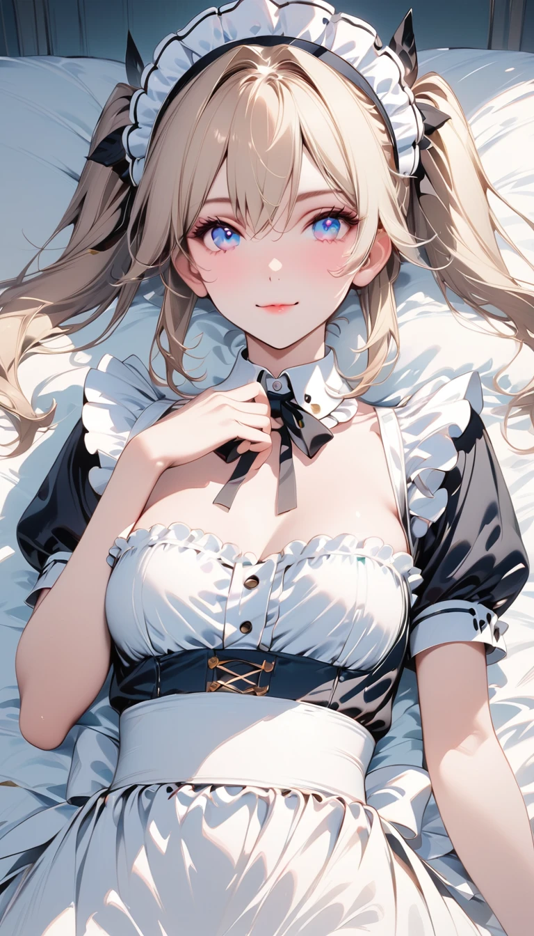 Blonde twin-tailed maid girl,((masterpiece )), (Highest quality), (Highest quality), ((非常にdetailedな, 8K quality)), aesthetics, Volumetric lighting, (detailedな線画), break, 非常にdetailed (Fairy), (One Girl), Perfect Face, detailed, Double pigtail, Blunt bangs, (Hair between the eyes), Gray Hair, blue eyes, eyelash, eye shadow, pink eye shadow, A light smile, Design art by Artgerm, kawashi, By Yoshitaka Amano, break, Portraiture, French maid dressed in French maid outfit, (((Poses that show the whole body))),Lying in bed