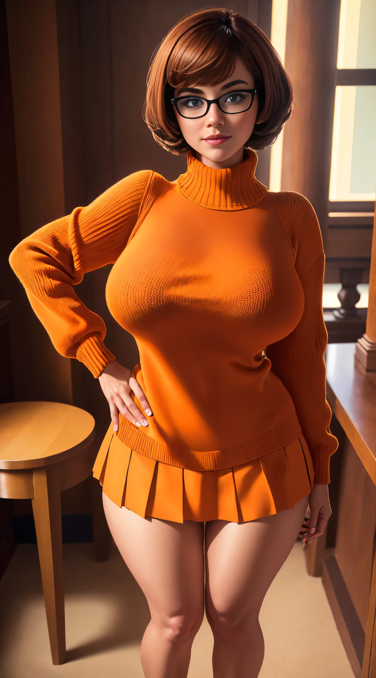 (masterpiece:1.2), (best quality), (ultra detailed), (8k, 4k, intricate),(full-body-shot:1), (highly detailed:1.2), (detailed face:1.2), ((portrait)), (dynamic pose:1.2)  Velma, 1girl, solo, bare breasts, looking at viewer, short hair, skirt, large breasts, brown hair, brown eyes, pantyhose, pleated skirt, glasses, pulling her sweater up, orange sweater exposed breasts, ((full body))