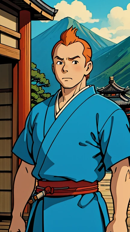 (1man, Tintin,1boy), (extremely detailed CG unit 8k wallpaper),(master part), (best quality), (ultra detail), (best illustration),(ghibli style), cowboy shot, (Sharp eyeliner, ombre, detailed eyes:1),japanese temple background, ,break , (Samurai), upper body,short hair, orange hair, 