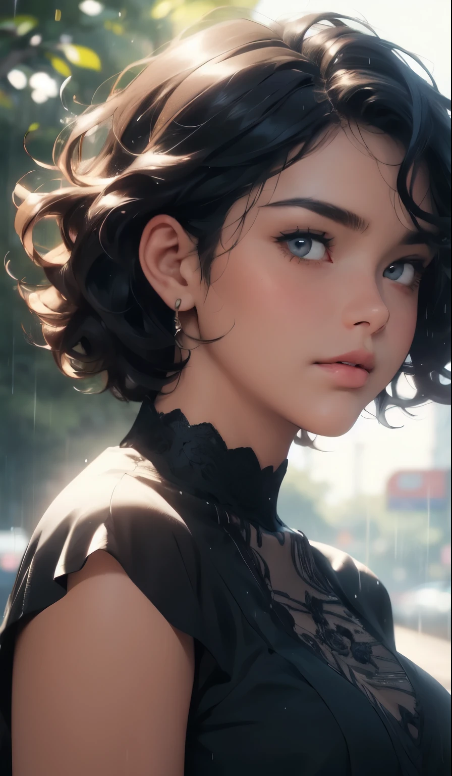 1woman,brown skin, black skin,dark skin,melanin,black hair,curly hair,round face,chubby body,overweight,plus size,background,absurdres,masterpiece,highres,intricately detailed,strutting outdoors,gorgeous eyes,detailed face,pouring rain,outdoors,global illumination,subsurface scattering,portrait,black dress,