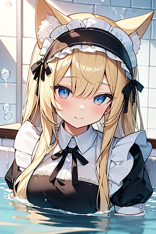 (Ultra high quality:1.6), (Highest quality:1.6), (Attention to detail:1.6), (Ultra-high resolution:1.6), (Detailed face:1.6), (Perfect Face:1,6), (Beautiful Eyes:1,6), (Detailed eyes:1.6), (Maid clothes, White apron, Headband, Black Dress, Blue ribbon, Maid clothes, Classic, Small breasts, Long:1.4), (白と黒のMaid clothes:1.6), (Blonde, Blue Eyes, Cat ear:1.5), cute, The best smile, Soaking wet, (Water droplets all over the body:1.4), (Covered in white foam:1.6), (Swimming in clothes, bathing, Bathroom, Longの浴槽:1.6), (relax, Relax in the bathtub:1.6), (Bubble bath:1.6), (Bathtub full of bubbles:1.6), (Maid clothesのまま浴槽へ:1.4), White foam on clothes, (Soak in deep water:1.6), (Deep hot water:1.4), (Wash your body with your clothes on:1,4), (shampoo, Body Soap, sponge:1.2), 