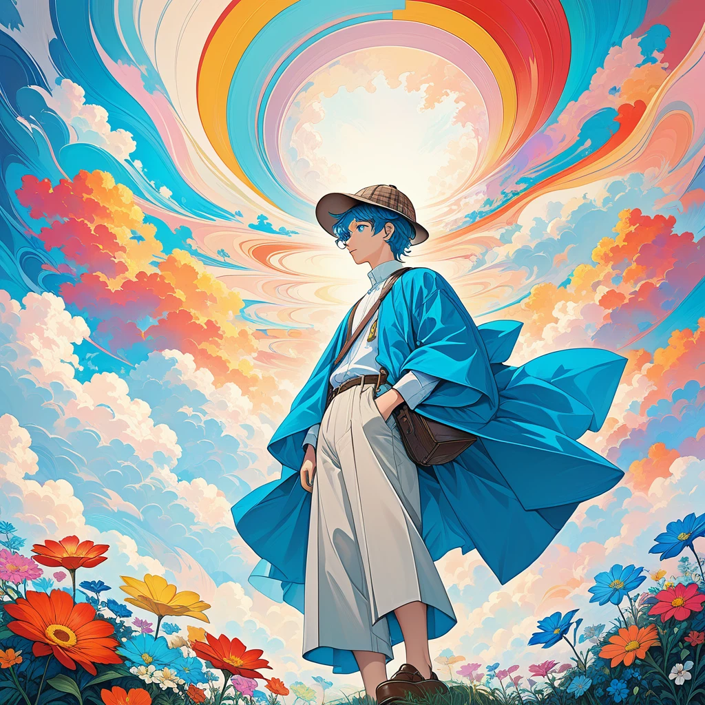 (psychedelic art:1.5),(view from the bottom:1.2),boy,personification,big color block,offwhite,cerulean,trunk,eyes locked,deerstalker,there are flowers,