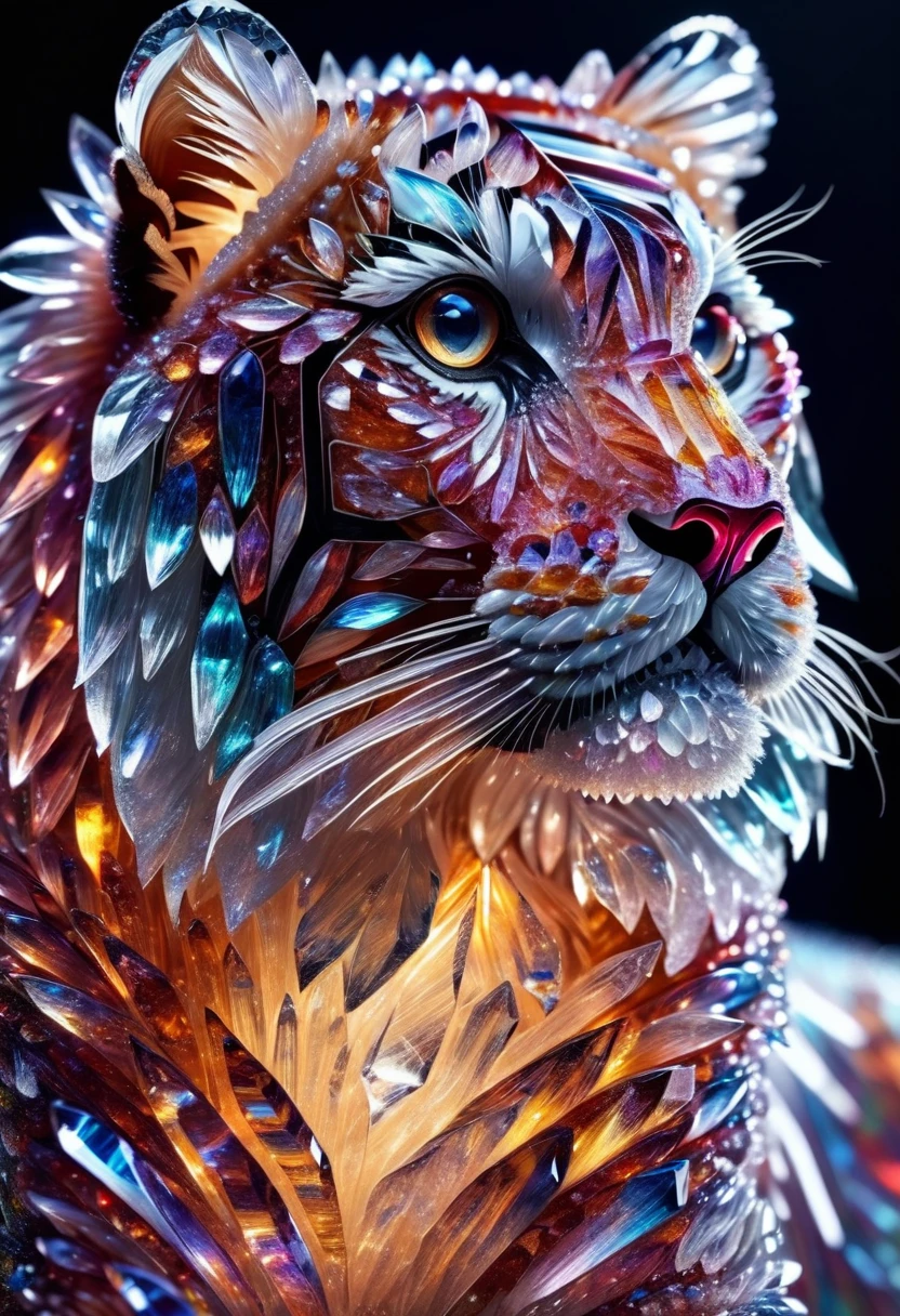 (crystal tiger, highly detailed crystal animal, crystal fantasy creature, 4k ultra detailed digital art, masterpiece, photorealistic, cinematic lighting, vibrant colors, sharp focus, ultra-detailed texture, realistic glass material, complex patterns, intricate details, mesmerizing, glowing, ethereal, majestic, mystical, breathtaking)