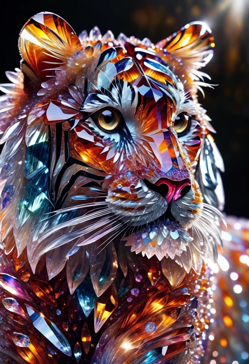 (crystal tiger, highly detailed crystal animal, crystal fantasy creature, 4k ultra detailed digital art, masterpiece, photorealistic, cinematic lighting, vibrant colors, sharp focus, ultra-detailed texture, realistic glass material, complex patterns, intricate details, mesmerizing, glowing, ethereal, majestic, mystical, breathtaking)