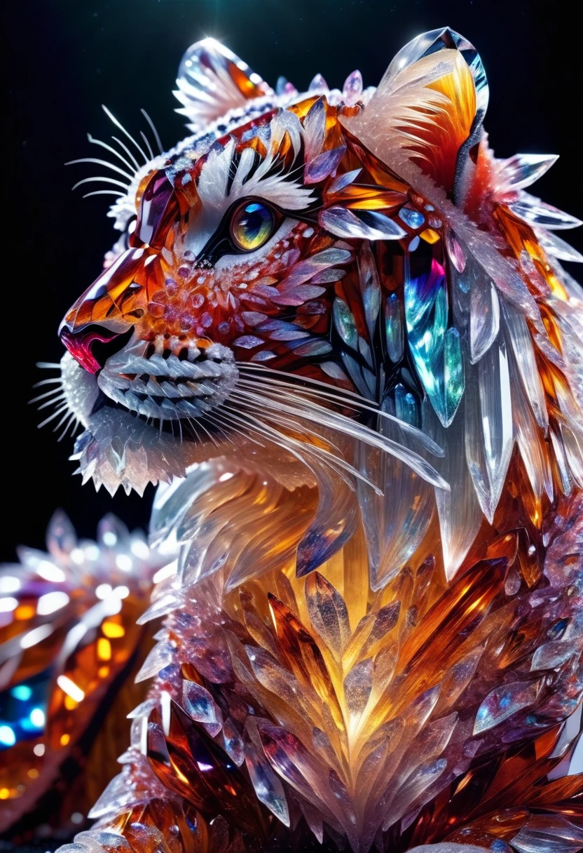 (crystal tiger, highly detailed crystal animal, crystal fantasy creature, 4k ultra detailed digital art, masterpiece, photorealistic, cinematic lighting, vibrant colors, sharp focus, ultra-detailed texture, realistic glass material, complex patterns, intricate details, mesmerizing, glowing, ethereal, majestic, mystical, breathtaking)