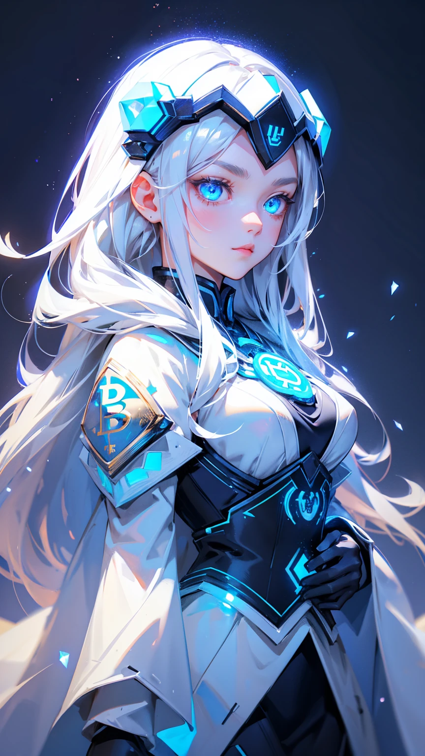 a logo with cute girl blue eyes, bitcoin symbols in eyes, forehead bitcoin symbols, long white hair, wearing ancient Asian armor and helmet with glowing crystals on top, grey background