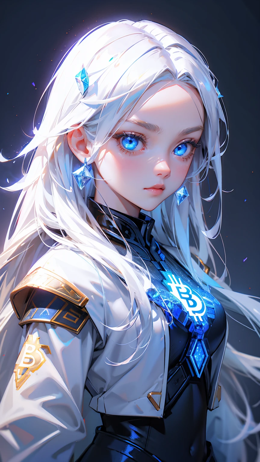 a logo with cute girl blue eyes, bitcoin symbols in eyes, forehead bitcoin symbols, long white hair, wearing ancient Asian armor and helmet with glowing crystals on top, grey background