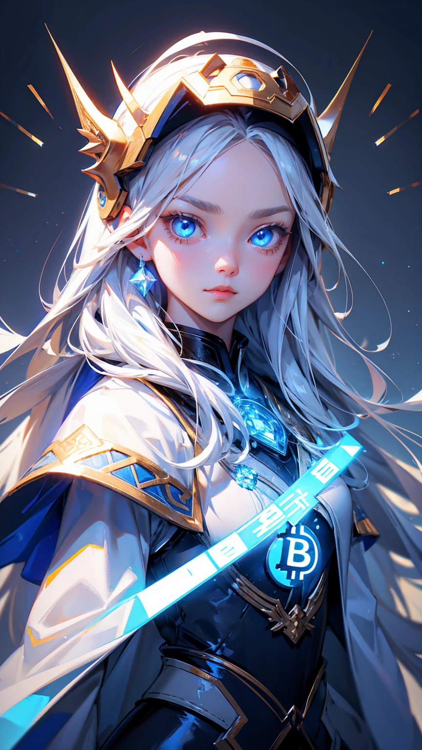 a logo with cute girl blue eyes, bitcoin symbols in eyes, forehead bitcoin symbols, long white hair, wearing ancient Asian armor and helmet with glowing crystals on top, grey background