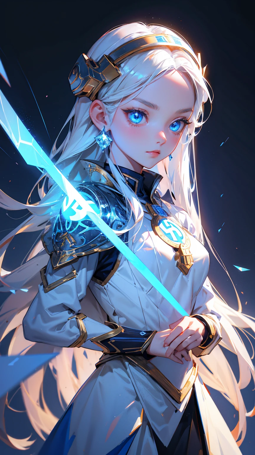 a logo with cute girl blue eyes, bitcoin symbols in eyes, forehead bitcoin symbols, long white hair, wearing ancient Asian armor and helmet with glowing crystals on top, grey background