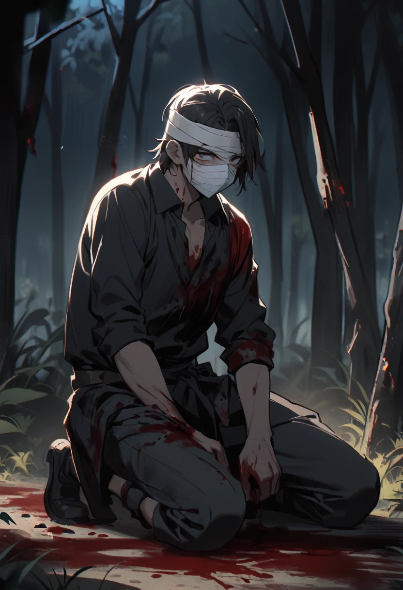 1boy, solo, boy, forest, night, light tanned skin, bandage head, bandage mask, kneeling, blood on clothes, bleeding, black clothes