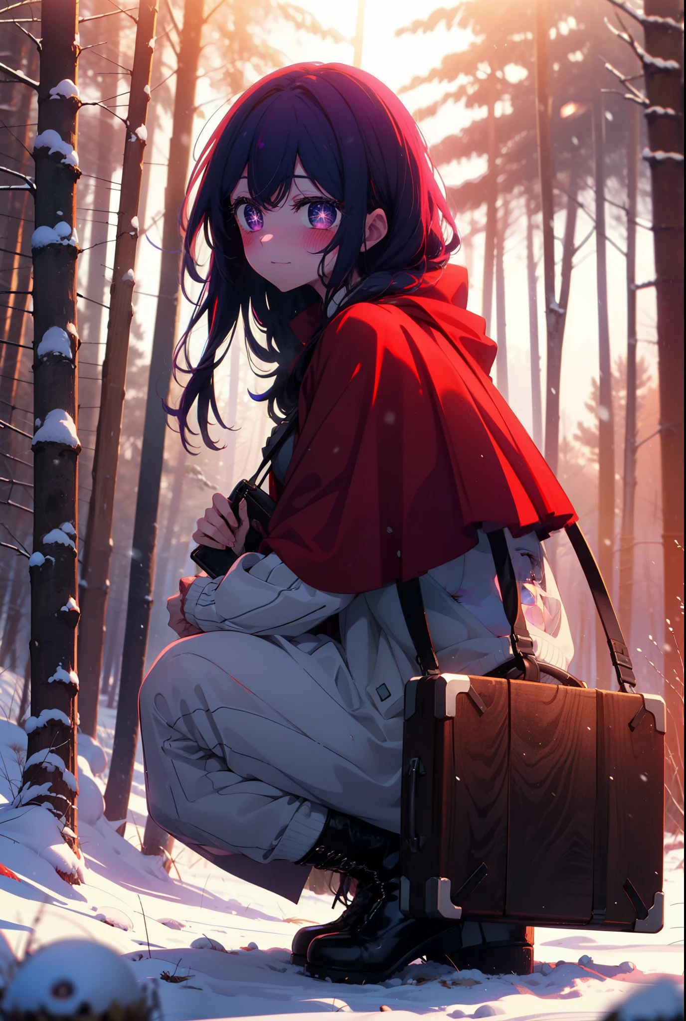 aihoshino, Ai Hoshino, Long Hair, bangs, (Purple eyes:1.1), Purple Hair, (Symbol-shaped pupil:1.5), smile,,smile,blush,white breath,
Open your mouth,snow,Ground bonfire, Outdoor, boots, snowing, From the side, wood, suitcase, Cape, Blurred, , forest, White handbag, nature, Squat, Mouth closed, Cape, winter, Written boundary depth, Black shoes, red Cape break looking at viewer, Upper Body, whole body, break Outdoor, forest, nature, break (masterpiece:1.2), Highest quality, High resolution, unity 8k wallpaper, (shape:0.8), (Beautiful and beautiful eyes:1.6), Highly detailed face, Perfect lighting, Extremely detailed CG, (Perfect hands, Perfect Anatomy),