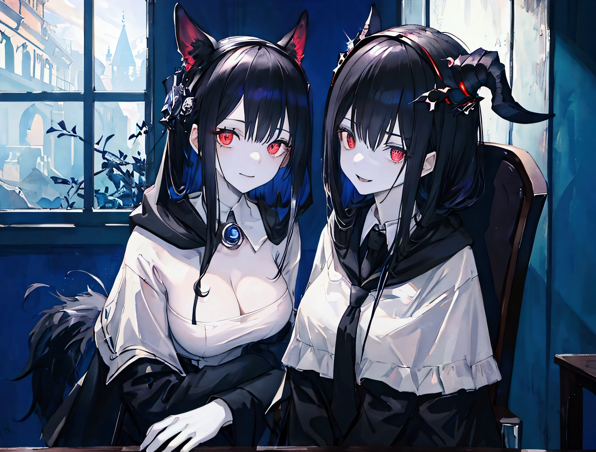 Full-HD, best quality, masterpiece, beautiful, 1 female, witch, kerberus, excited, evil smiling, sitting, looking back, long hair, black hair, red eyes, eyes open, droopy eyes, big eyes, wide-eyed, with crazy eyes, pale skin, fair skin, shiny skin, short, slender, slim, beautiful breasts, hoodie, pants, cute face, 20-year-old, Making cosplay costumes, in the house, in the room,A real black goat headgear on the wall, with a desk, with a chair, at midnight, at night, kawaii, cute, fantasy, beautiful, gothic atmosphere, half body photo, front view, dutch angle shot, wide view, moonlight, blue hour,