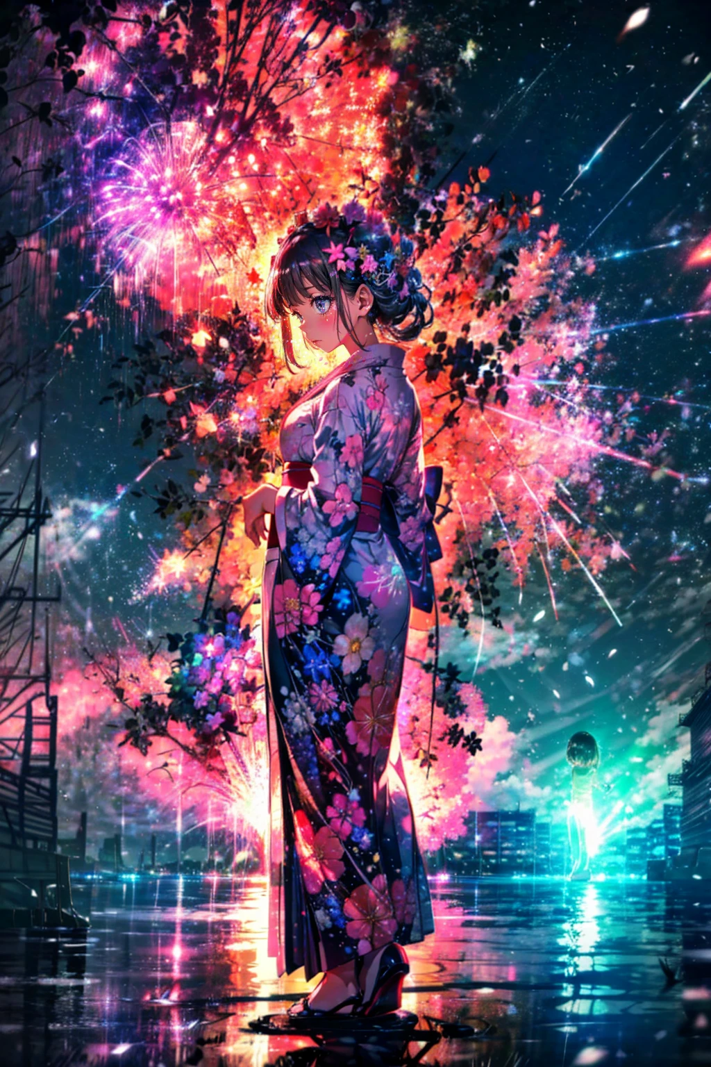 1girl,solo,cute,yukata,summer,at night,fireworks,brilliant,pink,blue,black,white