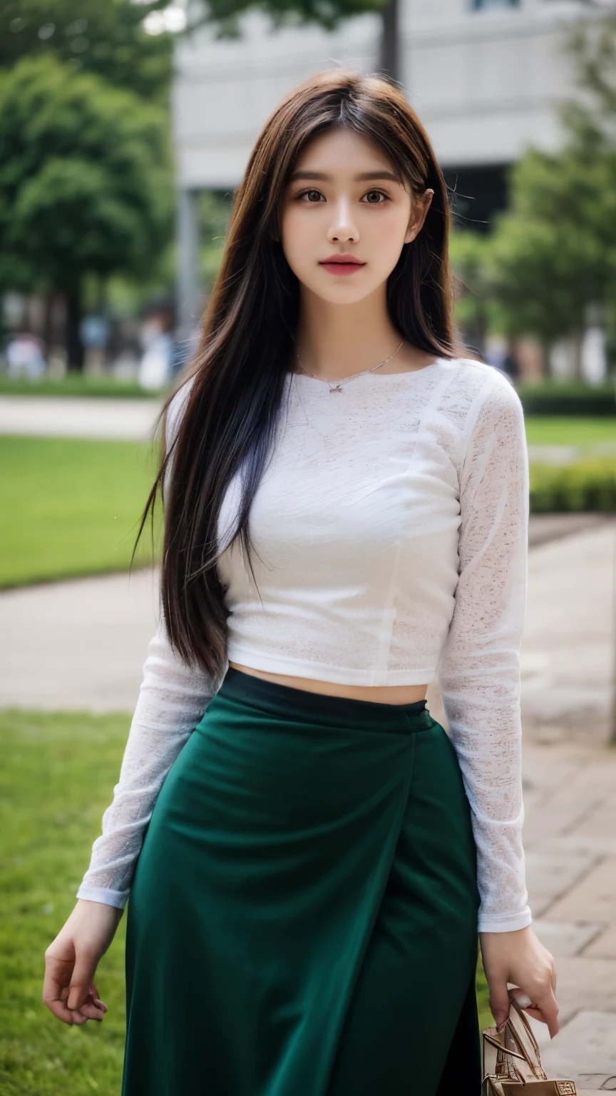(RAW photo, Photoreal:1.4), 8K, highest quality, masterpiece, ultra high resolution), (perfect dynamic composition:1.2), (Highly detailed skin and facial textures:1.2), (Slim lady:1.3), (Fair skin:1.2), (beautiful and aesthetic:1.1) , (extremely detailed, realistic, perfect lighting, vibrant colors, intricate details, absurdres), (masterpiece, high detailed skin:1.3), 1girl, slim body, light blonde hair, layered hair, {slender legs, soft curves, beautiful face, perfect body, wearing acmmsayarma outfit, acmmsayarma white top, lace long sleeves, ((acmmsayarma dark green long skirt)) , straight hair, Layered necklaces, anklets, a cozy outdoor background , perfect fingers and hands, standing and looking at the viewer,