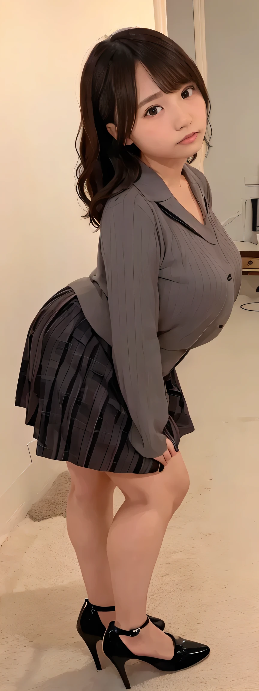 Japanese maid, Mature Woman, ((A little chubby, Round face, 43 years old)), Wavy black hair with no bangs, Long Hair, Twin ponytail, Flashy makeup, Fuller lips, Sexy Gaze, Torn uniform, ((dressing)), Looking into the camera, Low angle shooting, Cute duck mouth,((Extremely precise and accurate anatomy)), (masterpiece:1.43), Perfect Proportions, Realistic photos, Full Shot, whole body, (height: 146cm), High heels Has two legs,Has two arms、Has two legs, You need two arms))