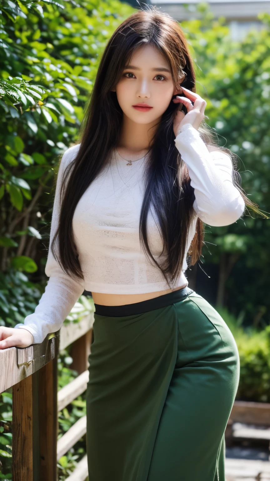 (RAW photo, Photoreal:1.4), 8K, highest quality, masterpiece, ultra high resolution), (perfect dynamic composition:1.2), (Highly detailed skin and facial textures:1.2), (Slim lady:1.3), (Fair skin:1.2), (beautiful and aesthetic:1.1) , (extremely detailed, realistic, perfect lighting, vibrant colors, intricate details, absurdres), (masterpiece, high detailed skin:1.3), 1girl, slim body, light blonde hair, layered hair, {slender legs, soft curves, beautiful face, perfect body, wearing acmmsayarma outfit, acmmsayarma white top, lace long sleeves, ((acmmsayarma dark green long skirt)) , straight hair, Layered necklaces, anklets, a cozy outdoor background , perfect fingers and hands, standing and looking at the viewer,