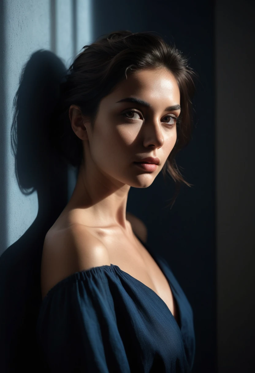 woman bathed in soft light, leaning against a wall, looking into the camera in a moment of raw emotion. Her attire is minimal, accentuating her beauty with the dramatic shadows cast by the lighting. The background is stark, with sharp contrasts highlighting the contours of her form. The blue and black palette intensifies the mood, evoking a sense of mystery and allure. Subtle film grain and meticulous shading add depth and texture, emphasizing the emotional gravity of the scene. The lighting creates a chiaroscuro effect, accentuating her expressive pose and the intense atmosphere.
