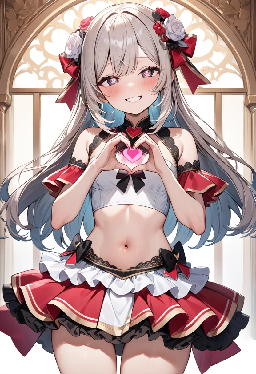 (masterpiece, top quality, very aesthetic, 4k、illustration), intricate detail, 1woman,、solo,contrapposto 、,(cowboy shot)、(heart shaped pupils),Cute、half closed eyes、fan service、heart hands、happy smile、Random Hairstyle、Random Hair Color、,middle hair,sidelock ,Random Color eyes、idol clothes、small breasts、Slim 、