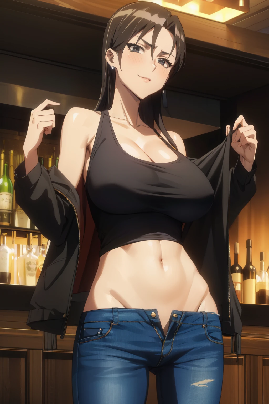 orianathomason, oriana thomason, black hair,, black eyes, long hair,
blush, lipstick, jewelry, earrings, Hot girl, baddie, mean girl, sensual, attractive, masterpiece,high quality,4k, bare shoulder,belly,crop top,holding pistol,cleavage,casual dress, bar
background, inside bar, indoor,smile, open mouth, evil expression, exposed
belly, exposed navel, exposed midriff, exposed lower belly, crop top overhang, underboob,jacket,
unbuttoned jeans , low rise black jeans, Low rise jeans, Low rise jeans with open fly, navel piercing