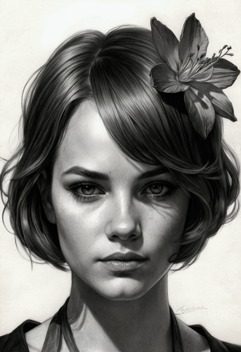 Portrait of Charlie Bowater Black and white pencil drawing, realisitic, Coal chips, outline, charcoal portrait of a woman, a flower on short hair, ribbons, old paper texture, highy detailed