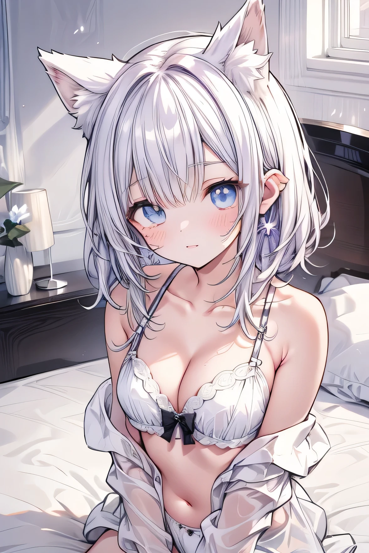 Masterpiece、Anime Coloring、Ultra fine、16K、Highest quality、((Lilac mesh))((Elf Ears))、((White underwear、In underwear))、blush、Looking up、Medium Hair、bed、Stylish room、((Medium chest))、((Cleavage))、((detailed eyes))、upper body、((lie on bed))