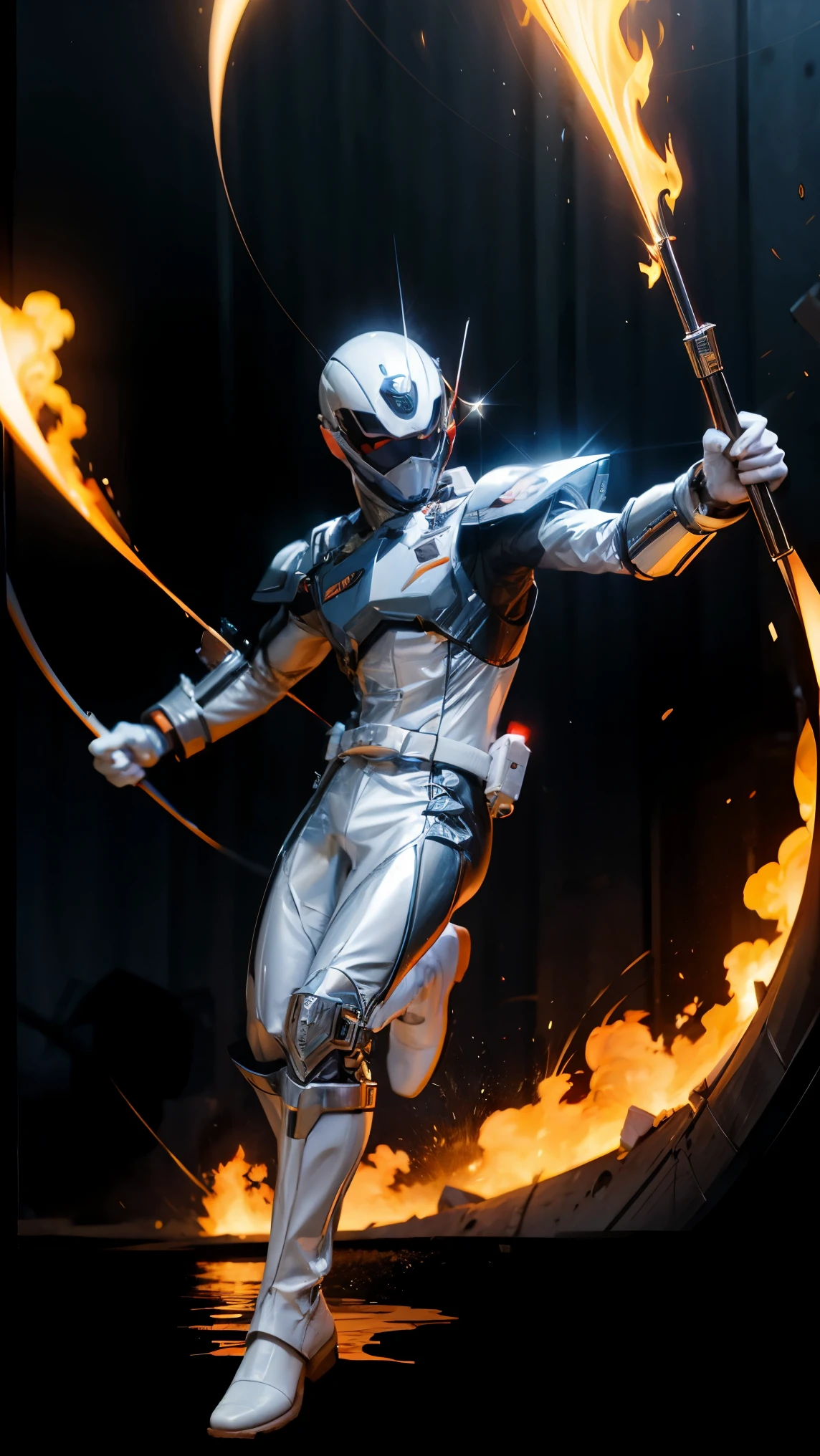 1boy, white, full body, Illustration, cinematic light, high resolution, best quality, ultra detailed, masterpiece, power suit, powerranger, suit, spd, (silver royal guard ranger suit), gold detail, holding white pistol, flowing, light armor,  martial arts, dynamics, flames, particles