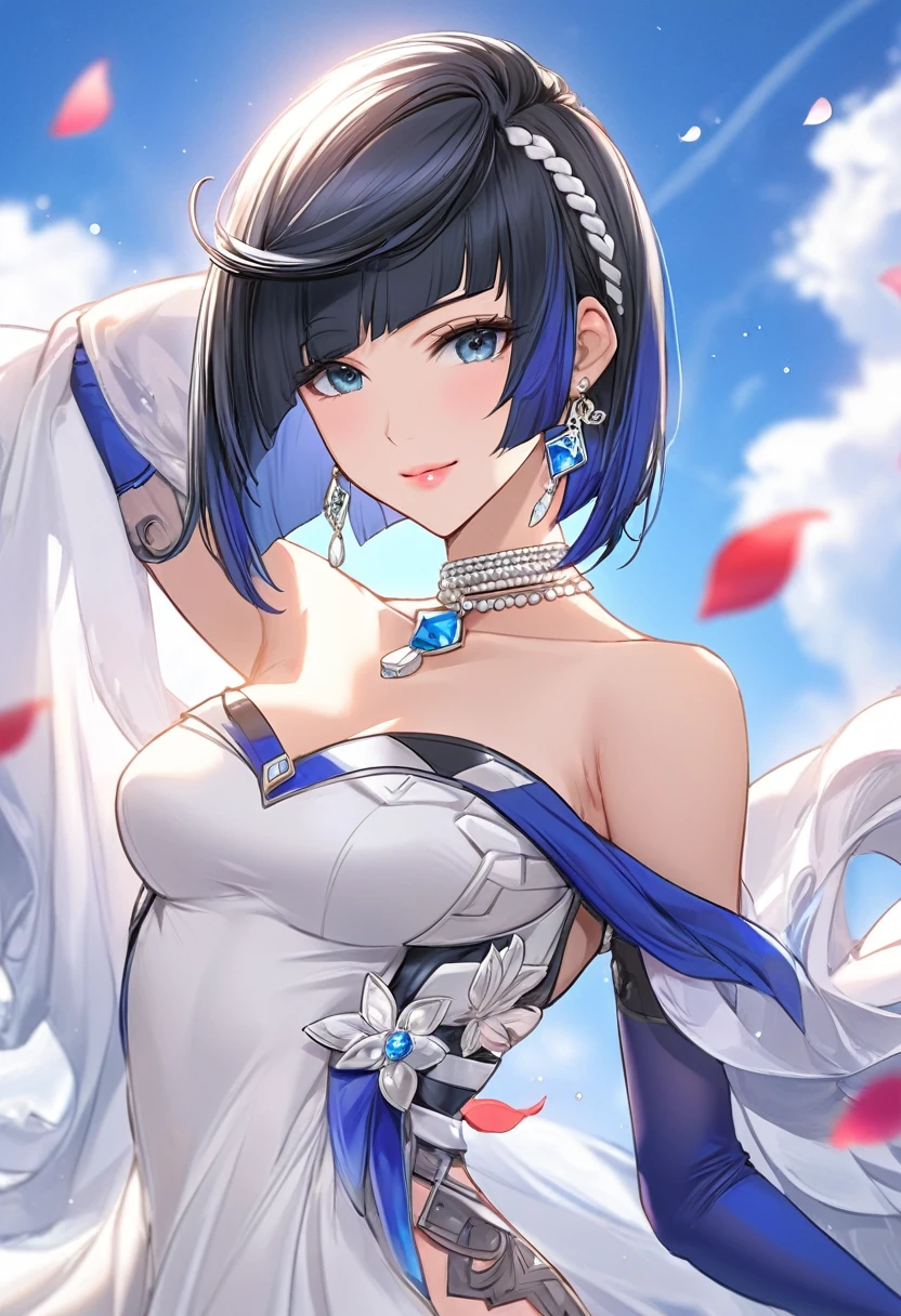 (Genshin Yelan)((masterpiece)),( (best quality)),( (Super detailed)),(Hair is slightly messy), (1 Girl),Royal sister,Good shape, (Background of flying petals),(Blue sky and white clouds)Beautiful and delicate eyes, Delicate and beautiful face(High Saturation)(,(shining), focus on face, Bangs, (shining), Optimal lighting, Pure white long wedding dress,Wearing long white gloves,Smile。
