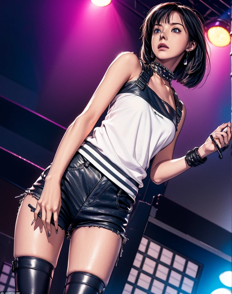 Realistic:1.2, Rocker girl in leather jacket,Slim figure、Normal bust size、 highly Realistic photograph, Full Body Shot, 12 electric guitars, Spiked clothing,White tank top、Navel exposed、Low-rise leather shorts,tattoo,Earrings Dark lipstick, blue eyes,Pink twin tail hair,Black Ribbon, Beautiful and perfect legs, Confident expression, Punk Style ,Dynamic pose, Dynamic Lighting, Colorful Stage,Colorful stage lighting,