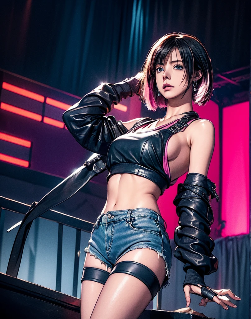 Realistic:1.2, Rocker girl in leather jacket,Slim figure、Normal bust size、 highly Realistic photograph, Full Body Shot, 12 electric guitars, Spiked clothing,White tank top、Navel exposed、Low-rise leather shorts,tattoo,Earrings Dark lipstick, blue eyes,Pink twin tail hair,Black Ribbon, Beautiful and perfect legs, Confident expression, Punk Style ,Dynamic pose, Dynamic Lighting, Colorful Stage,Colorful stage lighting,