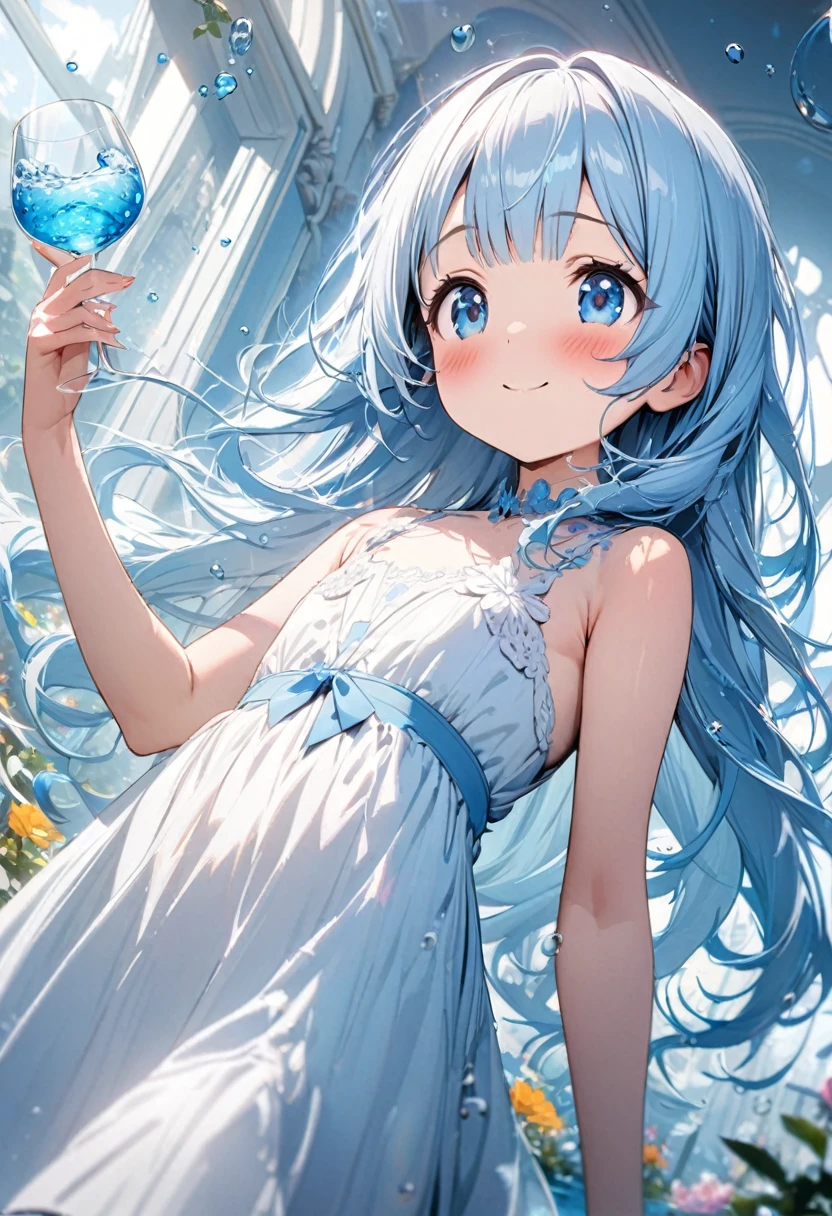 masterpiece, best quality, extremely detailed, (illustration, official art:1.1), 1 girl ,(((( light blue long hair)))), ,(((( light blue long hair)))),light blue hair, , long hair ((blush)) , cute face, masterpiece, best quality,(((((a very delicate and beautiful girl))))),Amazing,beautiful detailed eyes,blunt bangs((((little delicate girl)))),(((tareme))),droopy eyes.(true beautiful:1.2), sense of depth,dynamic angle,,,, affectionate smile, (true beautiful:1.2),,(tiny 1girl model:1.2),)(flat chest),Super detailed, 8K, glass, Water in a glass, Glass flowers, bubble, Right blue water, nice,