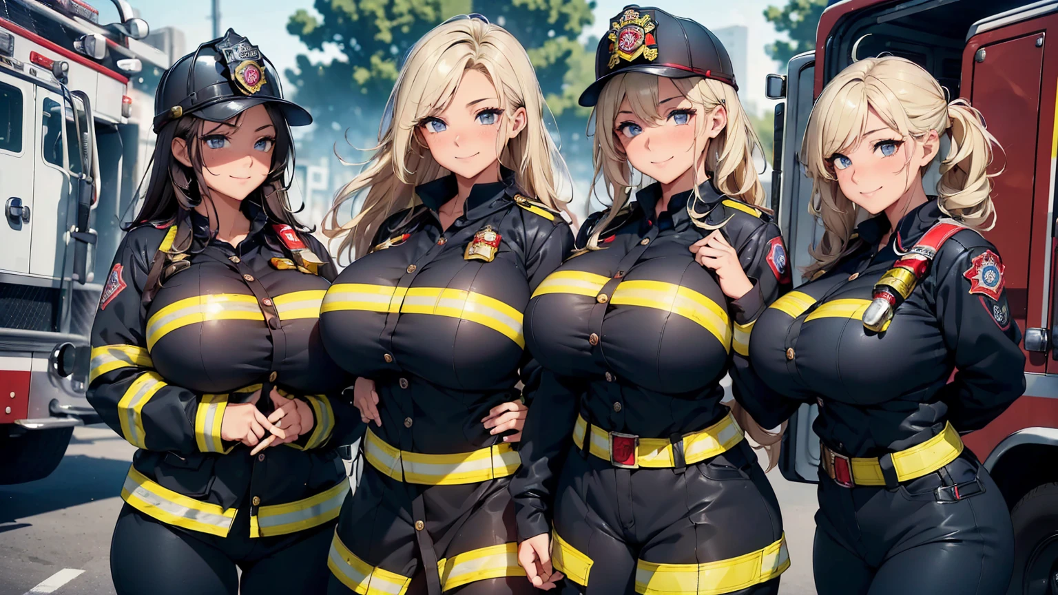 a firefighter girl, sexy body, ((big breasts)), big hips, thick thighs, beautiful face, beautiful eyes, smiling, blushing, standing, (various hair colors, various eye colors, various hairstyles), ((firefighter uniform, firefighter woman, firefighter, firefighter gear)), perfect hands, perfect fingers, high quality picture, high resolution, very detailed, 8k resolution