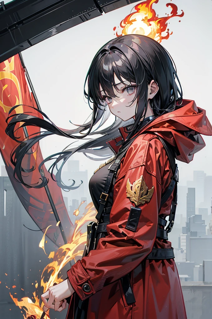 초상화, super detail, fantasy, 소녀, (long_hair, hair_between_eyes, black_hair, one_side_up, two-tone hair in black and gray3:1), gray_eyes, determined_face, half closed_eyes, 진지함, medium_breasts, Red coat (with gold flame pattern at the end of the coat), Holding a large flame flag