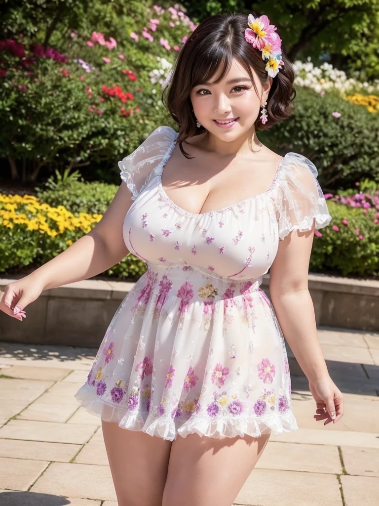 A beautiful and hot almost chubby mature woman.who is wearing a patterned short dress and is and standing in the park. A smiling face、sexy woman、A radiant smile、adorable、race、Frills、Colorful design、Full-length mirror、An inviting gaze、Gorgeous long and beautiful hairstyle、variation Hairstyle、Open neck blouse、Flower Garden、(flower:1.2)、Full body photo、((Delicately decorated dress))、1人, 