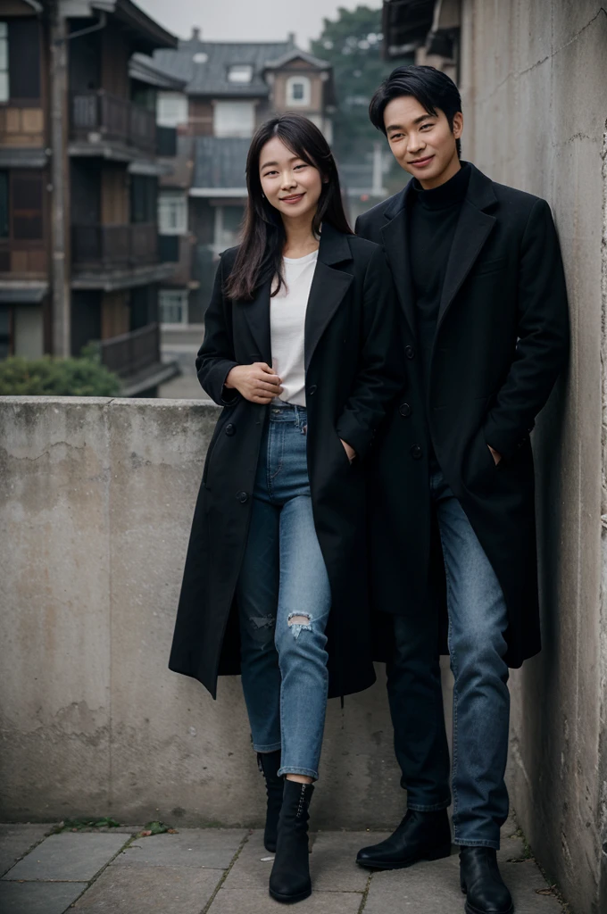 Professional photography of a thinly smiling Korean couple leaning against a wall from 1890.. the woman is wearing a black shirt and long black coat, jeans, casual boots holding a rose, . There was a slight breeze, the sky was cloudy and the atmosphere was foggy. A crow perched nearby