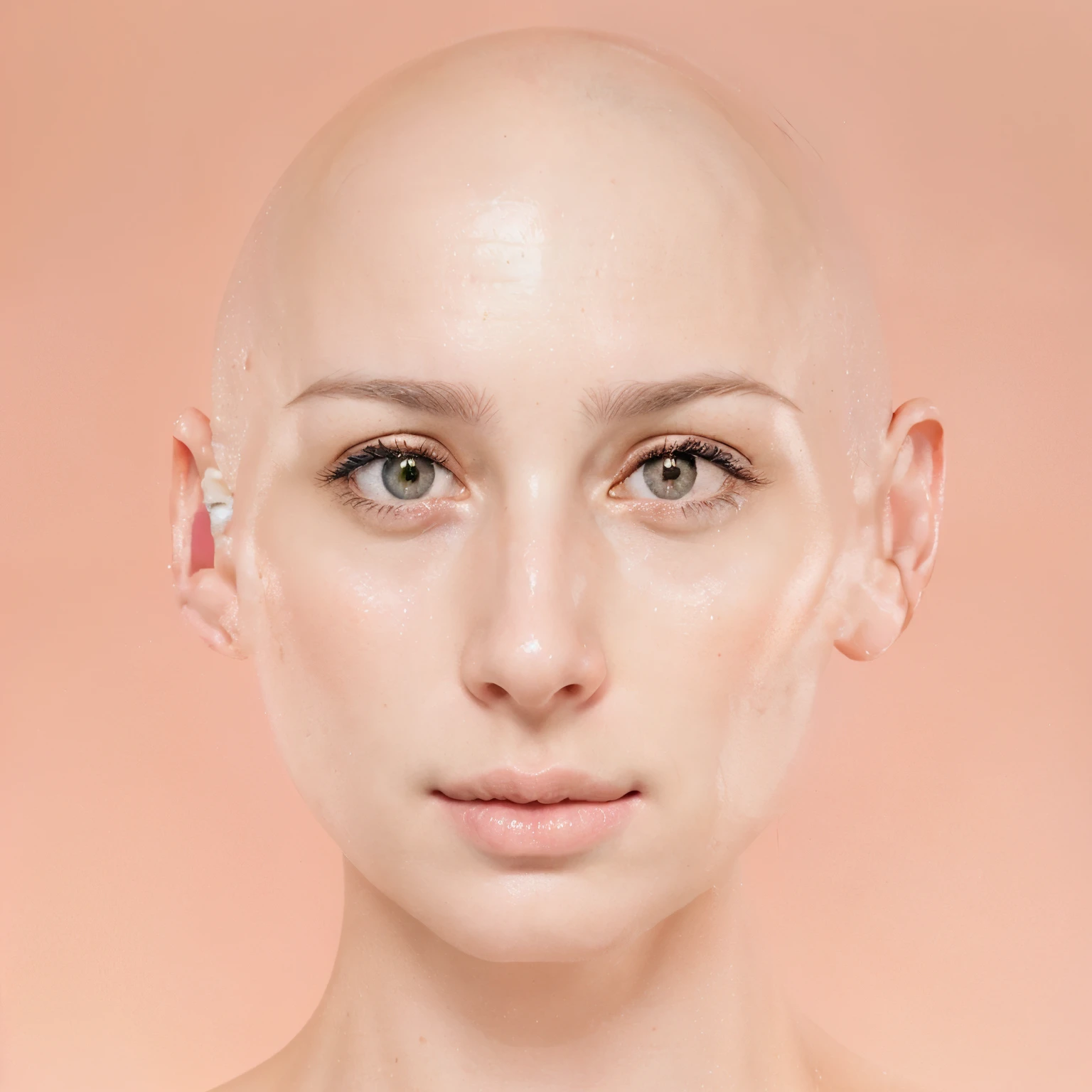 realistic face white woman with a bald head and a pink shirt, clear symmetrical face, symmetrical vogue face portrait, perfectly symmetrical face, beautiful highly symmetric face, symmetrical facial feature, symmetrical centered portrait, symmetrical beautiful human face, face symmetrical, symmetrical face, symmetrical face portrait, with symmetrical facial features, perfect symmetrical face