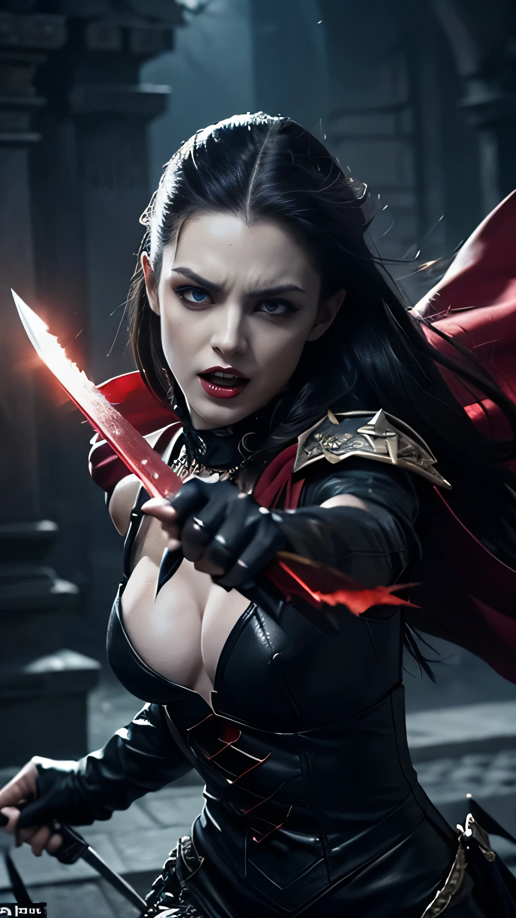 ### Prompt: Battle-Ready Vampire
Create an ultra-realistic depiction of a vampire prepared for battle, combining elements of elegance, danger, and power.
**Overall Appearance**:
- **Age**: The vampire appears ageless, with a timeless and commanding presence.
- **Body Type**: The vampire has a lean, muscular build, exuding both grace and formidable strength, ready for combat.
**Facial Features**:
- **Skin**: The skin is pale and flawless, with a cold, smooth texture that highlights their undead nature.
- **Eyes**: The eyes are a piercing, hypnotic shade of crimson or icy blue, glowing with an intense, predatory focus. They have a fierce and determined gaze.
- **Hair**: The hair is dark and slicked back, revealing sharp, defined features. It has a slight sheen, adding to the vampire's menacing allure.
- **Mouth**: The lips are thin and blood-red, contrasting sharply with the pale skin. When the vampire snarls, sharp, gleaming fangs are prominently displayed, ready to strike.
**Attire**:
- **Clothing**: The vampire wears dark, combat-ready attire, such as a fitted black leather armor that allows for agility and protection. The outfit is adorned with gothic elements, like silver studs and intricate patterns.
- **Accessories**: The vampire is equipped with various weapons, such as a silver dagger, throwing stars, and a long, ornate sword with a ruby-encrusted hilt. These accessories add to the vampire's lethal appearance.
**Scene**:
- **Setting**: The vampire is set in a dark, ancient castle courtyard under a stormy night sky. Lightning illuminates the scene, casting dramatic shadows and highlighting the vampire's readiness for battle.
- **Activity**: The vampire is in an aggressive stance, poised to strike. One hand grips the hilt of the sword, while the other hand is outstretched, casting a dark spell. The ground beneath shows signs of a recent struggle, with debris and signs of combat.
- **Expression**: The vampire's face is fierce and determined, with a snarl re