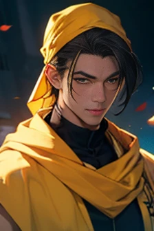 A man with dark hair staring at the camera is being teased.、(((Yellow bandana on head))),(((Muscular man)))、(Very detailed CG ユニティ 8k 壁紙,masterpiece, Highest quality, Very detailed),(Best lighting, Best Shadow, Very delicate),good looking ,Roleplaying、Small eyes、Long Hair、Fantasy style clothing、Yellow clothes、Yellow Cape、Black innerwear、