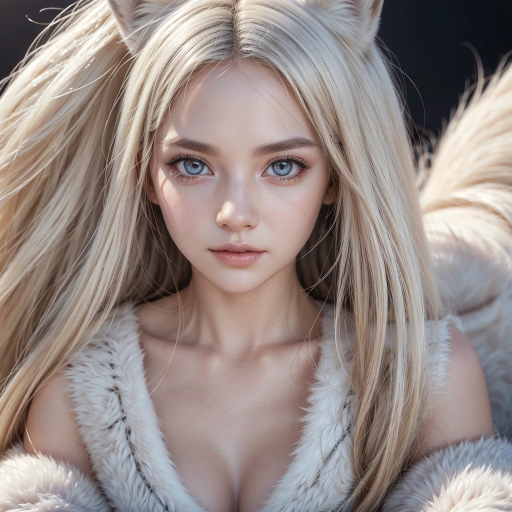 a white fox mascot for the olympics, 1girl, beautiful detailed eyes, beautiful detailed lips, extremely detailed face, longeyelashes, cute expression, elegant pose, detailed fur texture, soft lighting, warm color palette, highly detailed, 8k, photorealistic, smooth shading, professional 3d render, intricate details