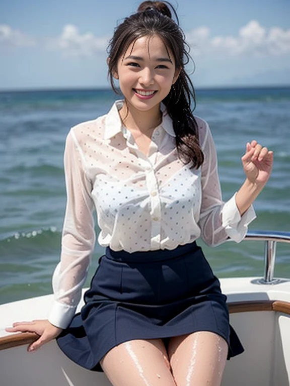 Gray background、pubic hair、Large Breasts、Thighs、Red lipstick、Cute woman、high school girl、White shirt、(Navy blue skirt)、smile、Open chest shirt、(A polka dot shirt that was wet and showed her underwear)、Wet Hair、Gazing at the sea、smile、On the boat、Raising his arms、Looking from below、ponytail、