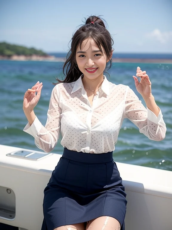 Gray background、pubic hair、Large Breasts、Thighs、Red lipstick、Cute woman、high school girl、White shirt、(Navy blue skirt)、smile、Open chest shirt、(A polka dot shirt that was wet and showed her underwear)、Wet Hair、Gazing at the sea、smile、On the boat、Raising his arms、Looking from below、ponytail、