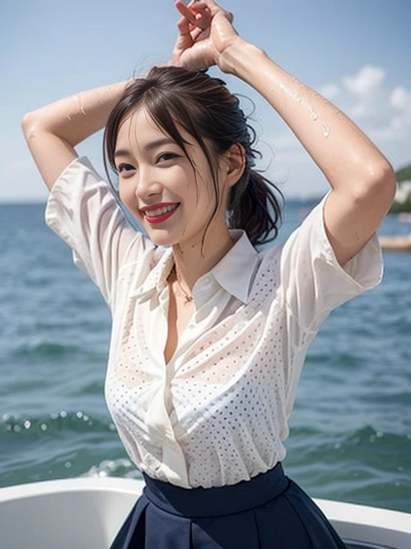 (((Low angle shooting、Looking into the camera:1.22,Leaning forward、Open shirt、No underwear)))、(((8k、highest quality、masterpiece、超A high resolution)))、(Realistic:1.4)、RAW Photos、(Real skin texture:1.3)、(Film Grain:1.3)、((Are standing、Skirt flutters in strong winds、Under the skirt、Do not bend your legs、Don'don't bend your knees、Spread your thighs、Beachside、))、One Girl、Beautiful and detailed eyes and face、masterpiece、highest quality、close、thin、Japanese Uniform、dynamic、barefoot、Mr.々A pose、