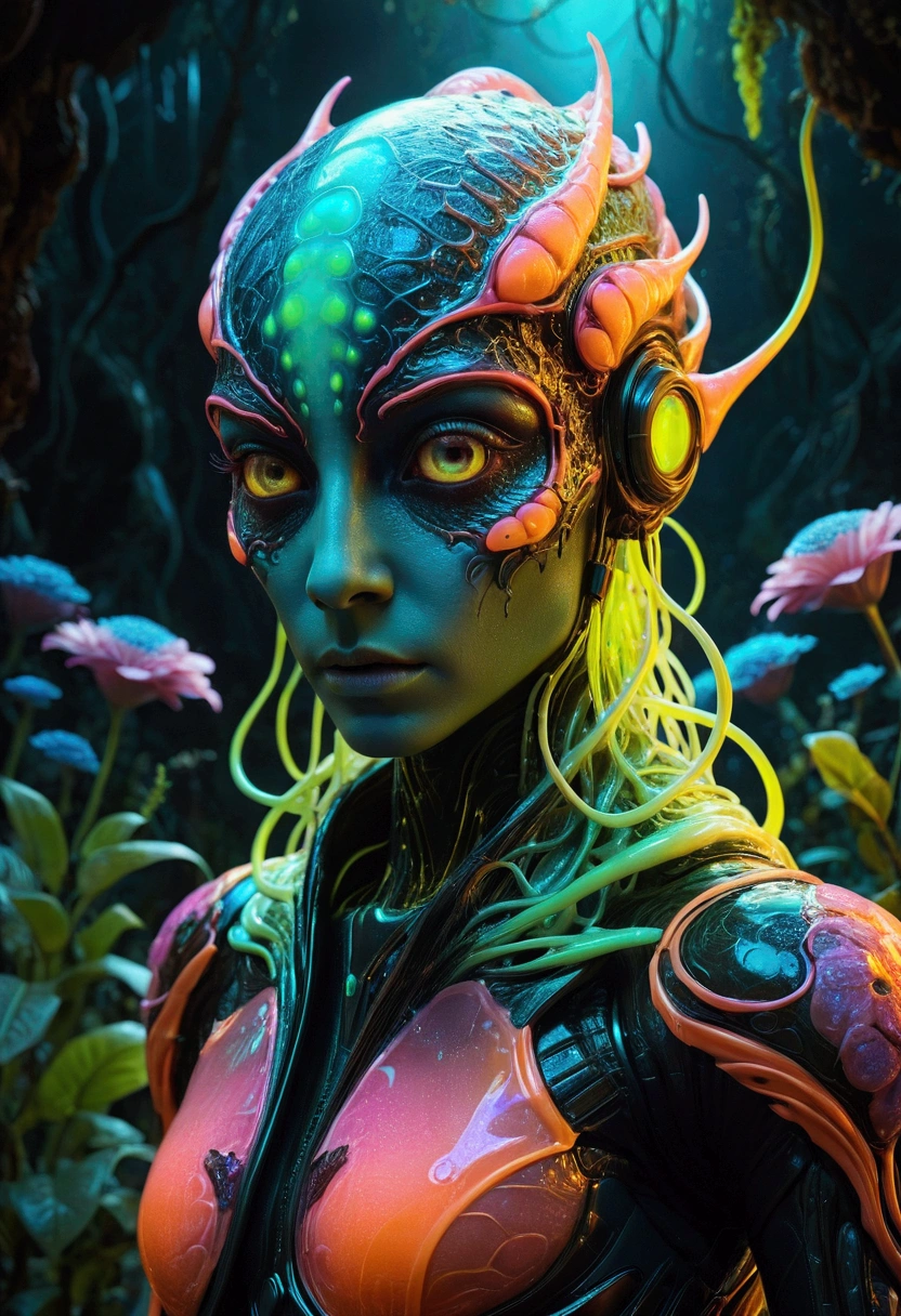 A slime creature, detailed slimy texture, gooey and viscous appearance, cute eyes, bright neon colors, fluorescent glowing, surreal fantasy landscape, colorful alien environment, glowing mushrooms, bioluminescent plants, cinematic lighting, detailed 3D render, vibrant colors, high detail, masterpiece, best quality, very aesthetic, absurdres