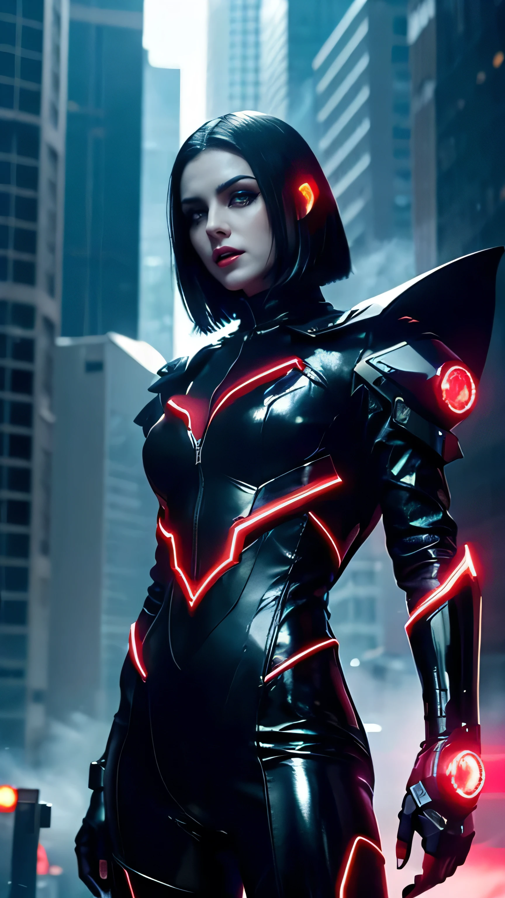 ### Prompt: Cyber-Mechanic Vampire
Create an ultra-realistic depiction of a cyber-mechanic vampire, blending elements of gothic horror with futuristic technology for a striking and innovative look.
**Overall Appearance**:
- **Age**: The vampire appears ageless, with a timeless yet futuristic presence.
- **Body Type**: The vampire has a lean, muscular build, showcasing both elegance and formidable strength, enhanced by cybernetic enhancements.
**Facial Features**:
- **Skin**: The skin is pale and flawless, with a cold, smooth texture. It has a slight metallic sheen, hinting at cybernetic enhancements beneath the surface.
- **Eyes**: The eyes are a piercing, hypnotic shade of crimson or electric blue, glowing with a digital intensity. Augmented cybernetic lenses give them a futuristic, high-tech appearance.
- **Hair**: The hair is sleek and dark, with metallic strands interwoven, giving it a shimmering, high-tech look. It is styled in a modern, edgy cut.
- **Mouth**: The lips are thin and blood-red, contrasting sharply with the pale skin. When the vampire snarls, sharp, gleaming fangs are prominently displayed, with a metallic sheen.
**Attire**:
- **Clothing**: The vampire wears a sleek, futuristic suit made of black, high-tech material that allows for agility and protection. The outfit is adorned with glowing circuit patterns and silver accents.
- **Accessories**: The vampire is equipped with advanced weaponry, such as a high-tech plasma blade, cybernetic gauntlets with built-in weapons, and a retractable energy shield. These accessories add to the vampire's lethal and futuristic appearance.
**Scene**:
- **Setting**: The vampire is set in a dark, dystopian cityscape with towering skyscrapers and neon lights. The atmosphere is filled with smoke and the glow of holographic advertisements.
- **Activity**: The vampire is in an aggressive stance, poised to strike. One hand grips the hilt of the plasma blade, while the other hand is outstretched, projecting a holograp