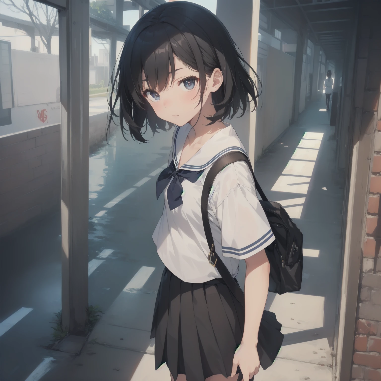 ultra-absurdres-Top quality by artist God, ultra-detailed, high resolution, anime moe artstyle, best anime 8k konachan wallpaper, pixiv contest winner, pool:2810, perfect anatomy,break, 1girl, (Please draw a girl walking sleepily to school alone. )break,(Solo,little female, 13-year-old:1.3),Full limbs, complete fingers,a junior high school student, (very short hair), short cut, flat chest, , small butt, small black eyes, beautiful detailed eyes, well-proportioned iris and pupils, expressive eyes, highres detailed hair, soft expression, salor school_uniform, sailor collar, serahuku, bow, pleated skirt,(Detailed Lighting), (Detailed background), in the School commute route. break,super detailed skin, Best cinematic lighting powered by famous artist, 8k,beauty illustration,photoshop_(medium),very aesthetic,break,((artist:horosuke )), artist:clamp ,artist:carnelian ,artist:kantoku ,