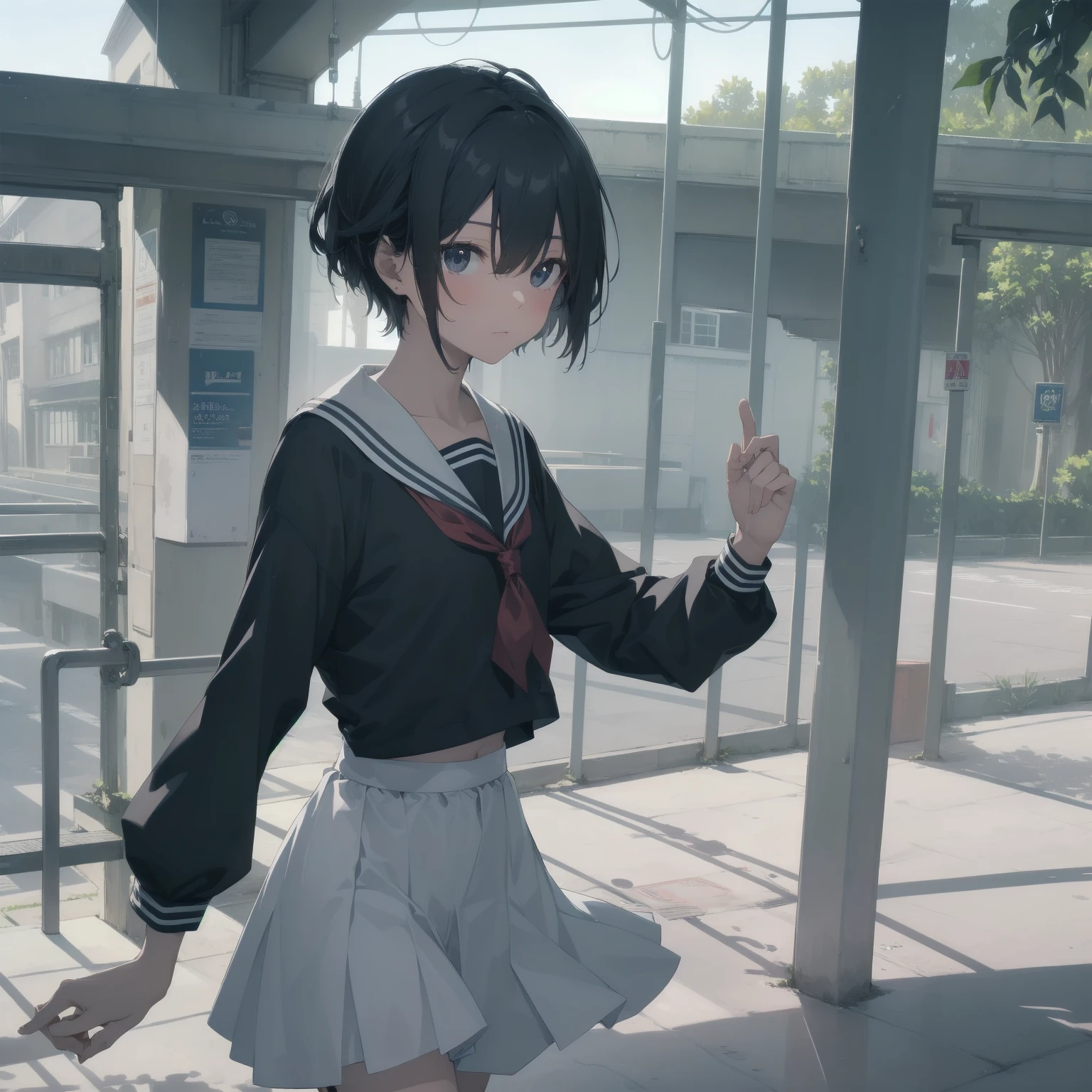 ultra-absurdres-Top quality by artist God, ultra-detailed, high resolution, anime moe artstyle, best anime 8k konachan wallpaper, pixiv contest winner, pool:2810, perfect anatomy,break, 1girl, (Please draw a girl walking sleepily to school alone. )break,(Solo,little female, 13-year-old:1.3),Full limbs, complete fingers,a junior high school student, (very short hair), short cut, flat chest, , small butt, small black eyes, beautiful detailed eyes, well-proportioned iris and pupils, expressive eyes, highres detailed hair, soft expression, salor school_uniform, sailor collar, serahuku, bow, pleated skirt,(Detailed Lighting), (Detailed background), in the School commute route. break,super detailed skin, Best cinematic lighting powered by famous artist, 8k,beauty illustration,photoshop_(medium),very aesthetic,break,((artist:horosuke )), artist:clamp ,artist:carnelian ,artist:kantoku ,